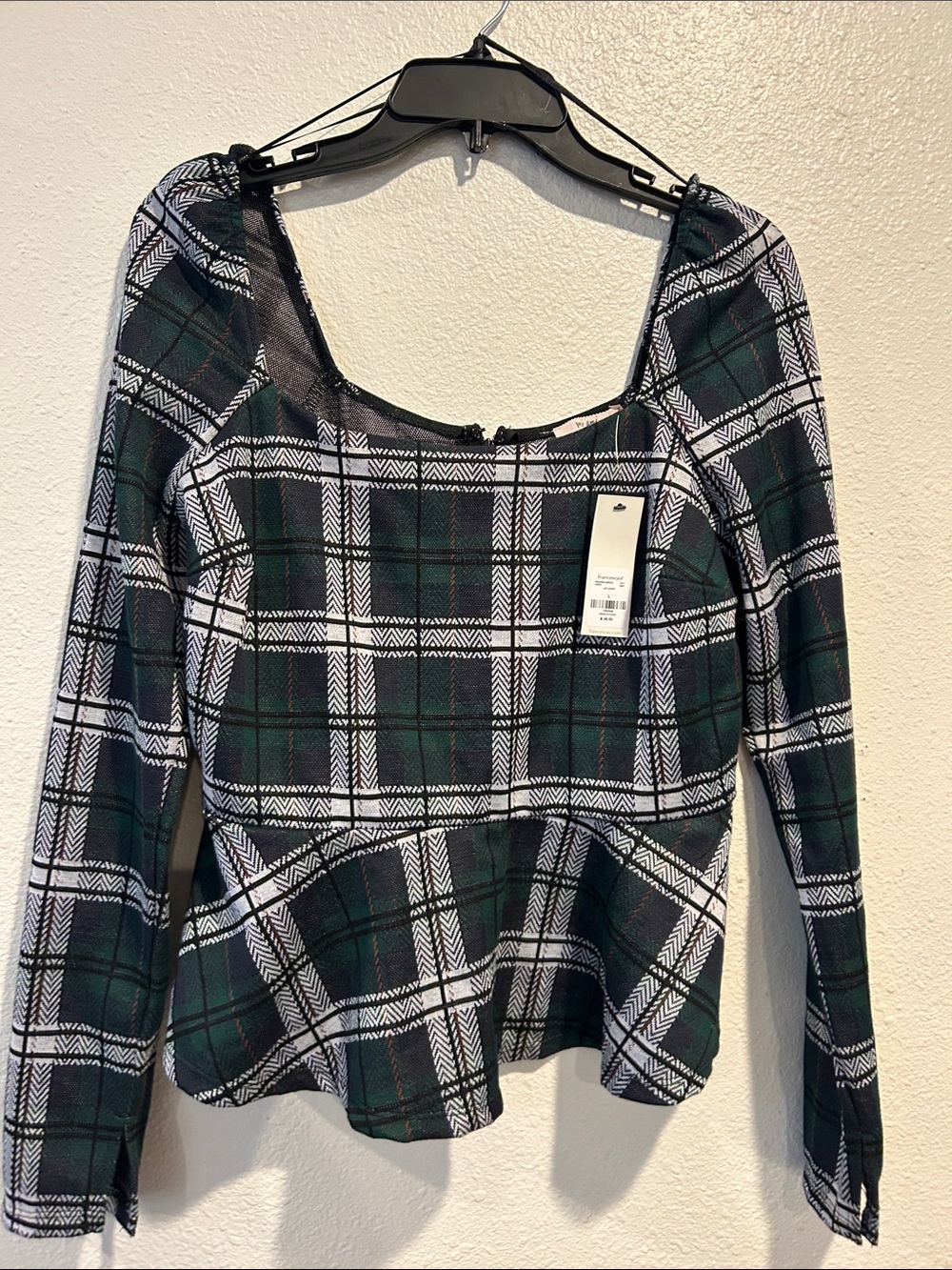 Francesca’s size L Plaid Long-Sleeve Peplum Top - Green/Black/White